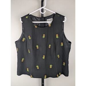 Vintage embroidered pineapple print linen blend sleeveless top